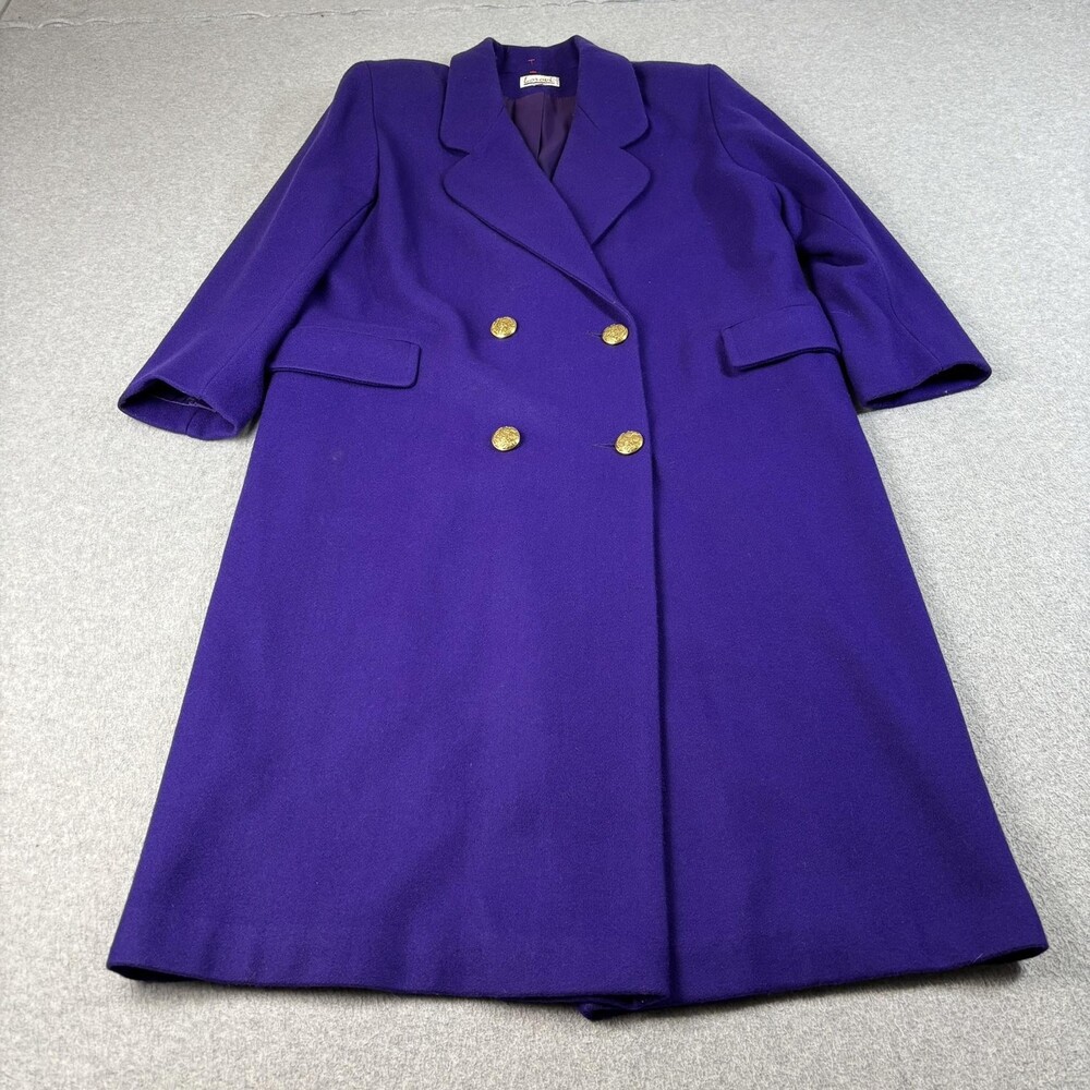 Vintage Lorovi Wool Coat Women 12 Purple Double Breast Gold Button Long 80s USA